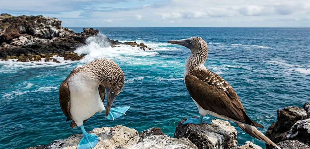 Dos pájaros azules se peren en una roca sobre el océano, en un entorno natural pacífico.