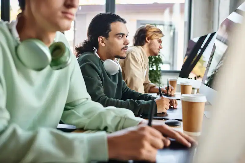Tres empleados de Ágilex Ecuador trabajando en un entorno de oficina, enfocados en sus tareas con computadoras y objetos de escritorio.